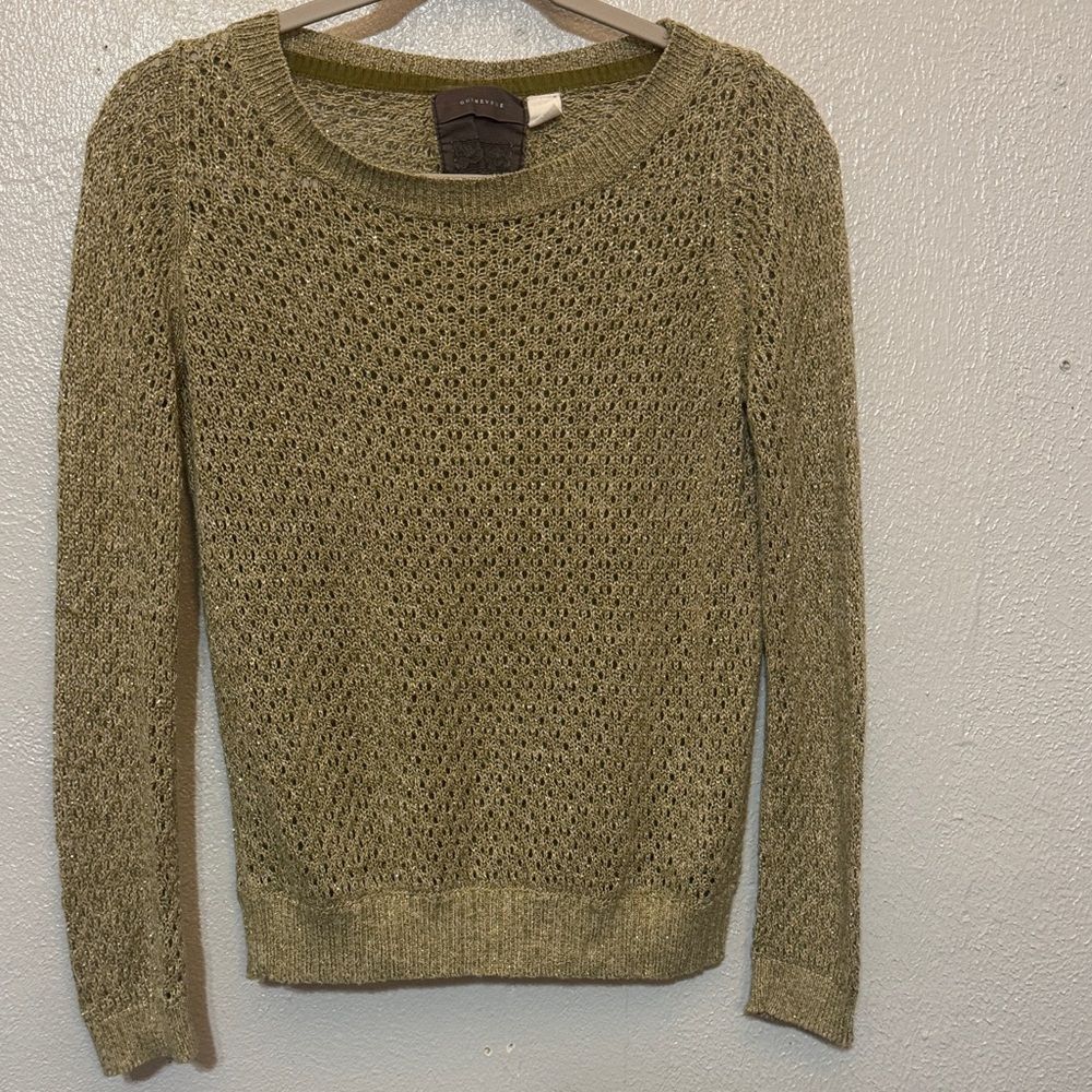 Anthropologie Guinevere Metallic Gold Olive Green Weave Knit Pullover Sweater S